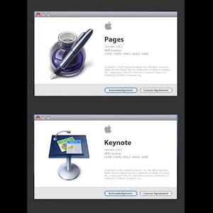Op de afbeelding: Twee vensters van de computerprogramma-interface. Het bovenste venster toont een inktfles en pen met het woord "Pages" en versie-informatie. Het onderste venster toont een kleine tafel met een grafiek en het woord "Keynote".