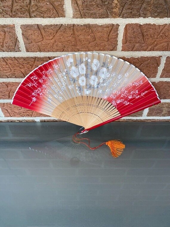 Vintage Japanese Folding Fan Red Paper And Wood Si