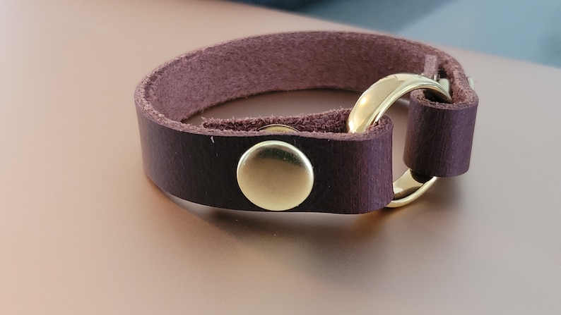 May include: A brown leather bracelet with a gold metal ring and a gold metal button closure.