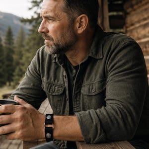 May include: A man wearing a dark green button-down shirt and a black leather bracelet with silver hardware. He is holding a black mug with both hands. The background shows a mountain range and a wooden cabin.