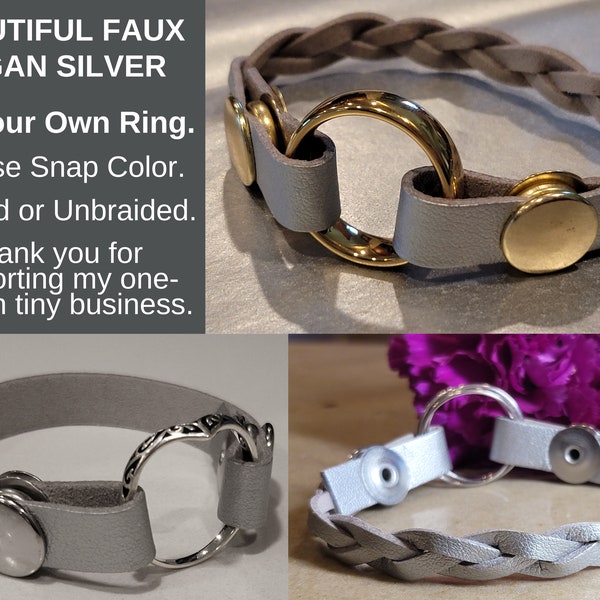 Add a Ring! Petite Soft Silver FAUX Leather Memorial Bracelet: widows, athletes, artists, musicians, nurse, weight gain, pregnancy, chef