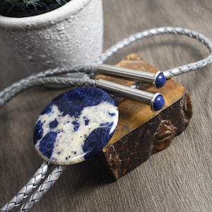 Sodalite Bolo Tie: Silver Metallic Leather Cord with Lapis Lazuli Tips
