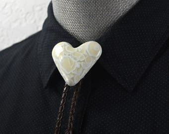 Lacey Heart Glass Bolo Tie: Chocolate Leather Cord, Gold Tone Tips