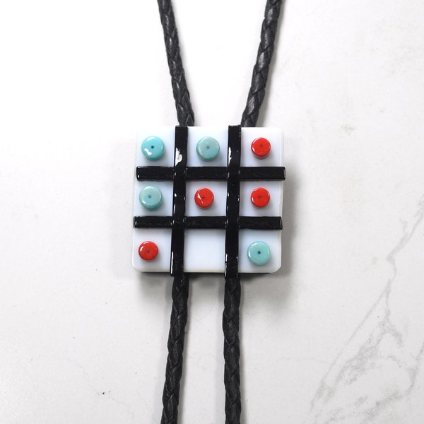 Fun Bolo Tie, Fused Glass, 3 Dimensional Art, Tic Tac Toe, Unique Bolo, Blue, Red, Graphic Colors,  Upgrade Leather Cord Available