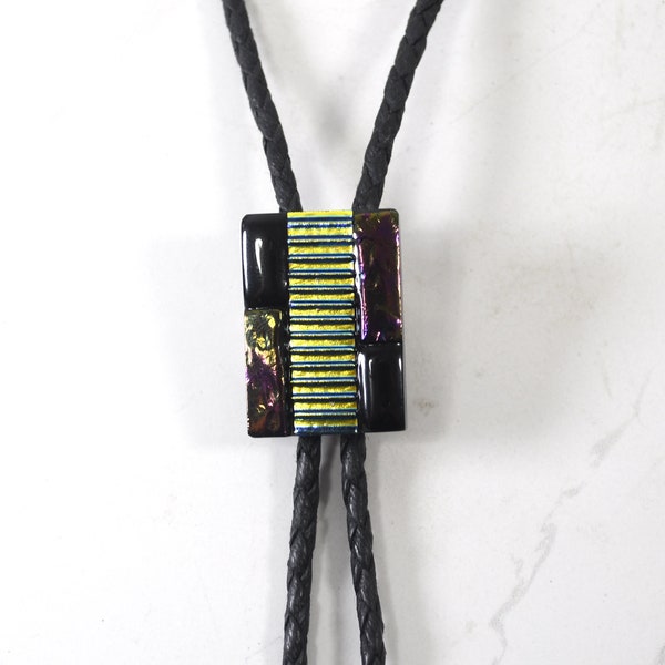 Stunning Bolo Tie, Dichroic Glass, Lava Glass, Dichroic Teal Accent, Black, Genuine Leather Cord Upgrade Available, OOAK, Perfect Gift