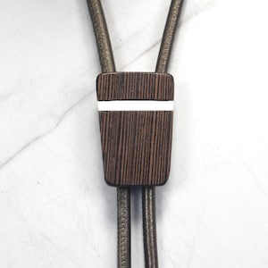 Bolo Tie, Wenge Wood, Sterling Silver Accent, Unique Tips, Special Occasion, Genuine Metallic Leather Cording, Mid Century Modern