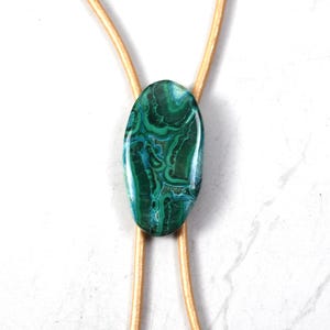 Bolo Tie, Malachite Chrysocolla, Semi Precious Gemstone, Great Gift, Him or Her, Special Occasion, Choice of Genuine Metallic Leather Cord