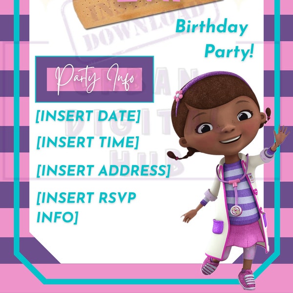 Invitation à la fête d'anniversaire de Doc McStuffins - Modèle de bricolage modifiable