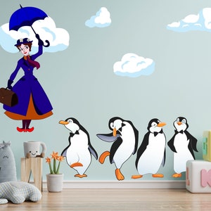 Mary and Penguins flying wall art set. Almost 4ft tall!