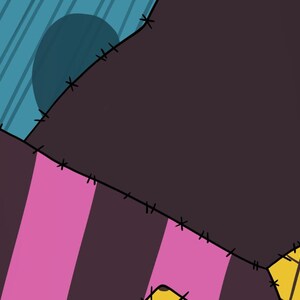 May include: A patchwork design featuring pink and black stripes, a dark blue circle, and a yellow and brown chequered pattern. The fabric is stitched together with black thread.