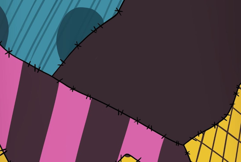 May include: A patchwork design featuring pink and black stripes, a dark blue circle, and a yellow and brown chequered pattern. The fabric is stitched together with black thread.