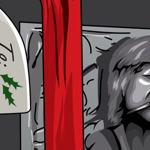 May include: A white gift tag with green holly leaves and the text "To: Jabba" hanging on a red stocking.