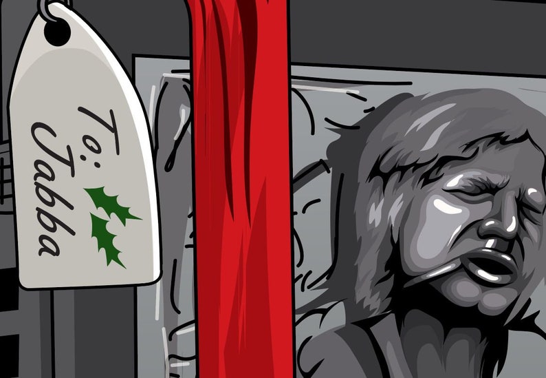 May include: A white gift tag with green holly leaves and the text "To: Jabba" hanging on a red stocking.