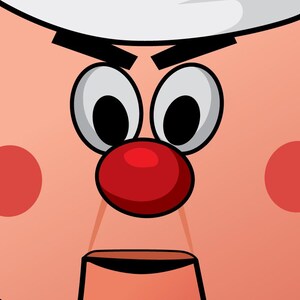 May include: Cartoon illustration of a face with a red nose, large eyes, and a white hat. The face is light pink with red cheeks. The eyes are white with black pupils. The mouth is open.