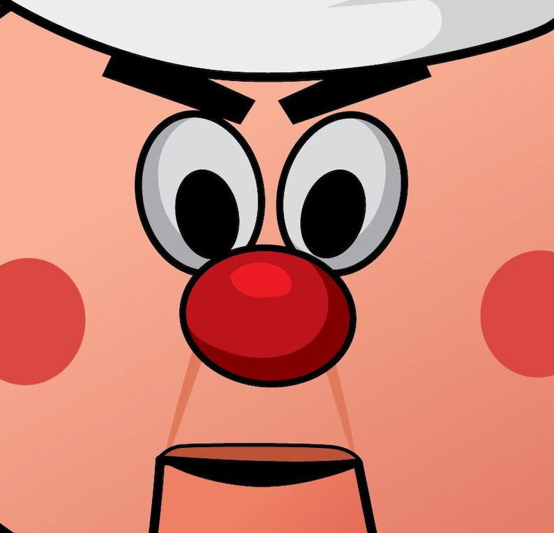 May include: Cartoon illustration of a face with a red nose, large eyes, and a white hat. The face is light pink with red cheeks. The eyes are white with black pupils. The mouth is open.