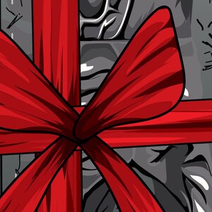 May include: A gray and white gift box with a large red bow. The box is wrapped in a pattern of lines and shapes.
