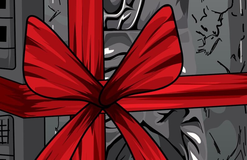 May include: A gray and white gift box with a large red bow. The box is wrapped in a pattern of lines and shapes.