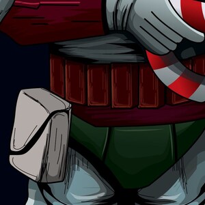 May include: A cartoon illustration of a bounty hunter wearing a green and white suit with a red and white candy cane in their hand.