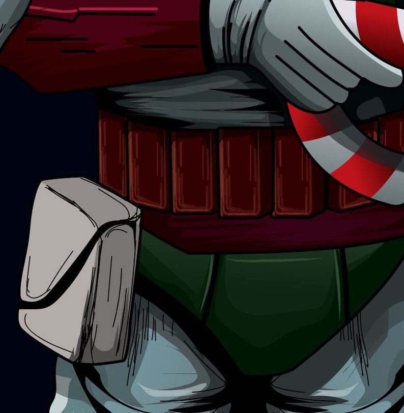 May include: A cartoon illustration of a bounty hunter wearing a green and white suit with a red and white candy cane in their hand.
