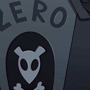 May include: A grey box with the word "ZERO" printed on the top. The box has a skull and crossbones design with a grey alien face in the centre.