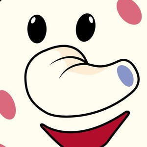 May include: A cartoon face with a cream-colored background and pink spots. The face has large black eyes, a beige nose with a blue tip, and a red smiling mouth. Black outlines define the features.