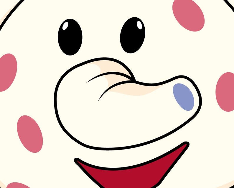 May include: A cartoon face with a cream-colored background and pink spots. The face has large black eyes, a beige nose with a blue tip, and a red smiling mouth. Black outlines define the features.