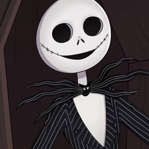 May include: A cartoon illustration of Jack Skellington, the Pumpkin King from The Nightmare Before Christmas, standing in a coffin. He is wearing his signature black and white striped suit with a black bow tie. His face is white with black eyes and a stitched-up mouth.