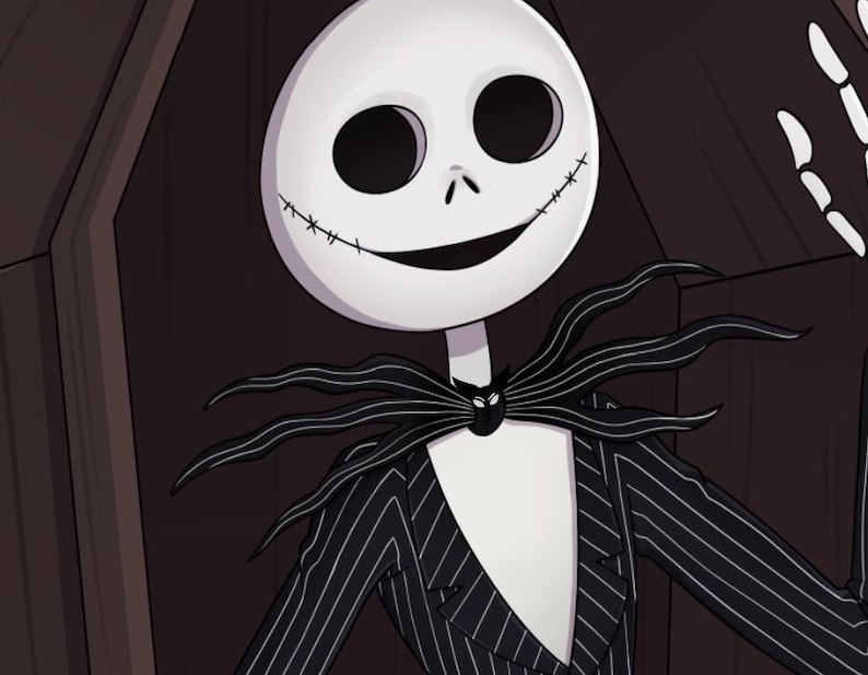 May include: A cartoon illustration of Jack Skellington, the Pumpkin King from The Nightmare Before Christmas, standing in a coffin. He is wearing his signature black and white striped suit with a black bow tie. His face is white with black eyes and a stitched-up mouth.