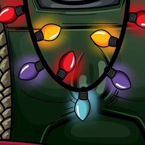 May include: A green and brown cartoon character wearing a string of colorful Christmas lights around their neck. The lights are red, yellow, purple, and blue.