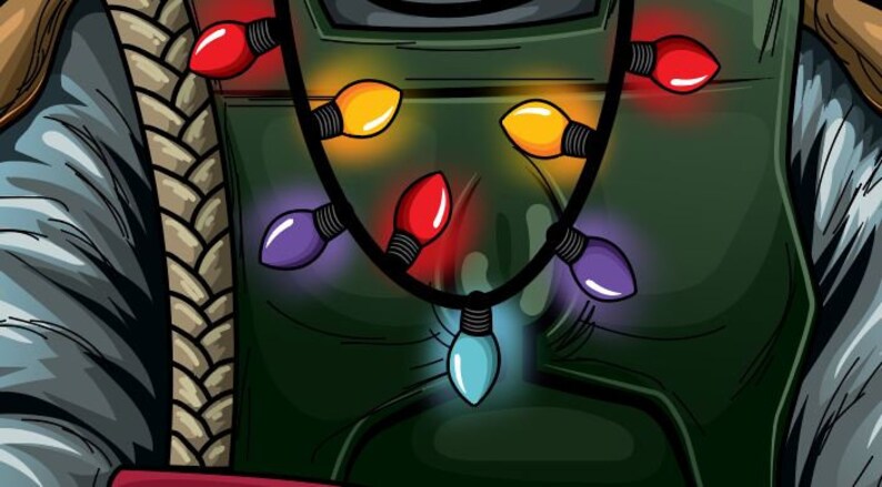 May include: A green and brown cartoon character wearing a string of colorful Christmas lights around their neck. The lights are red, yellow, purple, and blue.
