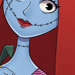 May include: A blue-skinned cartoon character with red hair and stitched seams on her face. She is wearing a pink and yellow patterned dress.