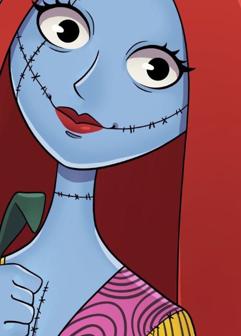 May include: A blue-skinned cartoon character with red hair and stitched seams on her face. She is wearing a pink and yellow patterned dress.