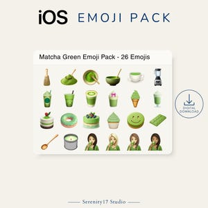 Op de afbeelding: Een digitale downloadafbeelding met 26 matcha groene emoji's. De emoji's tonen matcha thee, desserts en mensen. De tekst "iOS Emoji Pack" en "Matcha Green Emoji Pack - 26 Emojis" staan bovenaan.