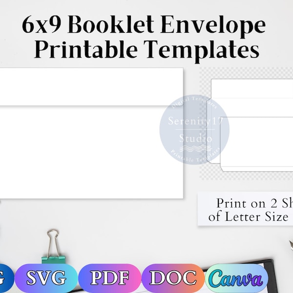 6x9 Booklet Envelope Printable Canva Templates + png svg pdf doc template files | DIY Envelope at Home