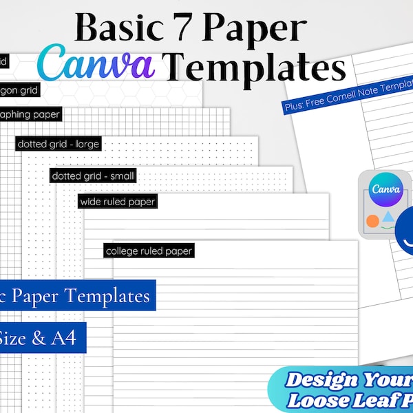 7 Basic Paper Canva Templates | Design Your Own Loose Leaf Notebook Paper + Free Cornell Note Version & Sample Designs | Letter Size + A4