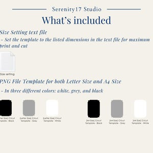 Pode incluir: Um download digital para um modelo Cricut, mostrado em tr&ecirc;s cores: preto, cinza e branco. O modelo est&aacute; dispon&iacute;vel nos tamanhos carta e A4. A imagem tamb&eacute;m inclui um arquivo de texto com as configura&ccedil;&otilde;es de tamanho.