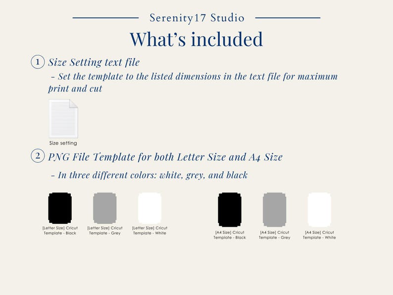 Pode incluir: Um download digital para um modelo Cricut, mostrado em tr&ecirc;s cores: preto, cinza e branco. O modelo est&aacute; dispon&iacute;vel nos tamanhos carta e A4. A imagem tamb&eacute;m inclui um arquivo de texto com as configura&ccedil;&otilde;es de tamanho.