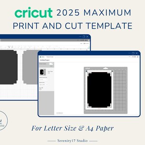 Pode incluir: Um modelo de download digital para Cricut 2025, mostrando o tamanho m&aacute;ximo de impress&atilde;o e corte para papel carta e A4. O modelo &eacute; mostrado em uma tela de computador com um ret&acirc;ngulo preto que representa a &aacute;rea imprim&iacute;vel.