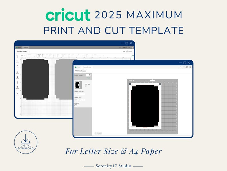 Pode incluir: Um modelo de download digital para Cricut 2025, mostrando o tamanho m&aacute;ximo de impress&atilde;o e corte para papel carta e A4. O modelo &eacute; mostrado em uma tela de computador com um ret&acirc;ngulo preto que representa a &aacute;rea imprim&iacute;vel.