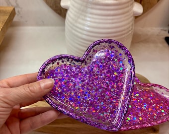 Heart Shaped Trinket Dish, Resin Heart Dish, Pink & Purple Heart Ring Dishes, Glitter Trinket Dish, Pretty Handmade Dish, Jewellery Dish