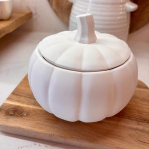 Peut inclure: Un pot en céramique blanc mat en forme de citrouille avec un couvercle amovible. Le récipient présente des rainures verticales imitant les segments naturels d'une citrouille et une petite tige sculptée servant de poignée sur le couvercle.