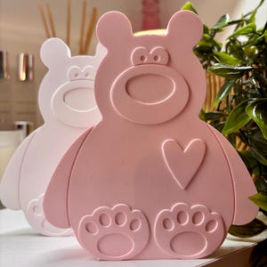 May include: A pink bear-shaped ornament with a heart and paw prints, with a white bear behind it. The items are on a white surface with green foliage. The bear has a large open mouth. The items are decorative.