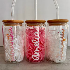 Personalised Glass Cup with Lid and Straw, Iced Coffee Cup, Gift for Her, Libbey Glass, Name, Glass Tumbler, Name Coffee Cup, Bamboo Lid