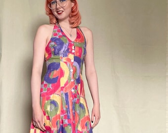 Vestido de día de algodón con cuello halter y estampado abstracto de la década de 1980 a la década de 1950 Reino Unido 8