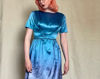 Vintage 1960s Blue Satin Party Dress, UK 6-8, Occasion, Wedding