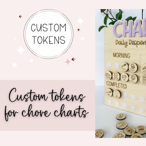 May include: A wooden chore chart with the name "CHARLI'S" in purple letters. The chart is divided into "Morning" and "Evening" sections with a variety of chores listed.  The chart includes a section for "Completed" chores and comes with a set of wooden tokens.