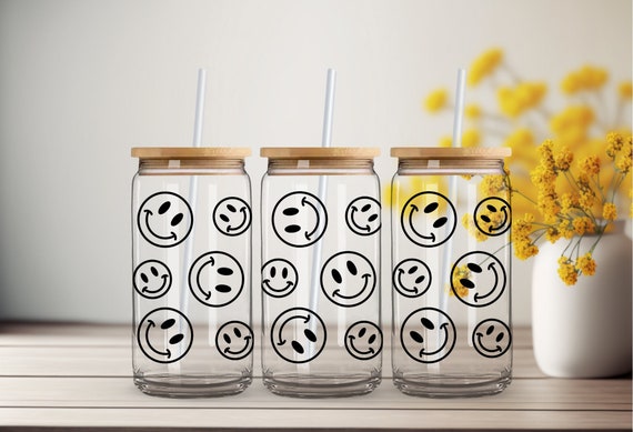 Smiley Face Iced Coffee Glass Cup with Bamboo Lid and Reusable