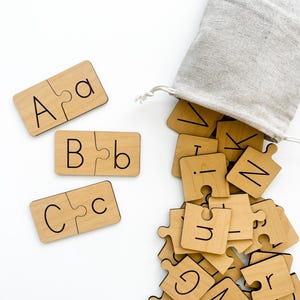 Casse-tête assorti | Alphabet | Majuscules et minuscules | Jouets en bois | Jouets d'apprentissage naturels | École à la maison | Montessori