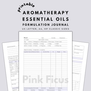 Könnte beinhalten: Ein druckbares Aromatherapie-Journal für ätherische Öle in den Formaten US Letter, A4 und HP Classic. Die weißen Seiten enthalten schwarzen Text und Tabellen für Inhaltsstoffe, botanische Namen, aromatische Rollen, Prozentsätze und Preise.