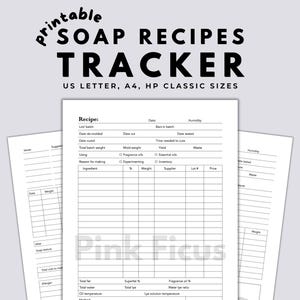 Può includere: Un tracker di ricette di sapone stampabile in bianco e nero. Il tracker include sezioni per il nome della ricetta, la data, gli ingredienti e altro.